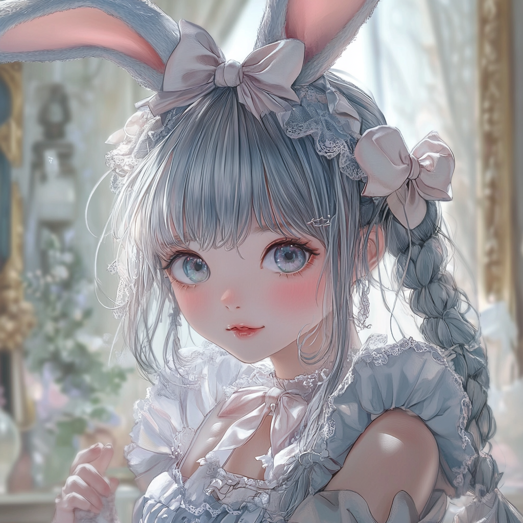 Anime girl with rabbit ears in pastel maid costume.