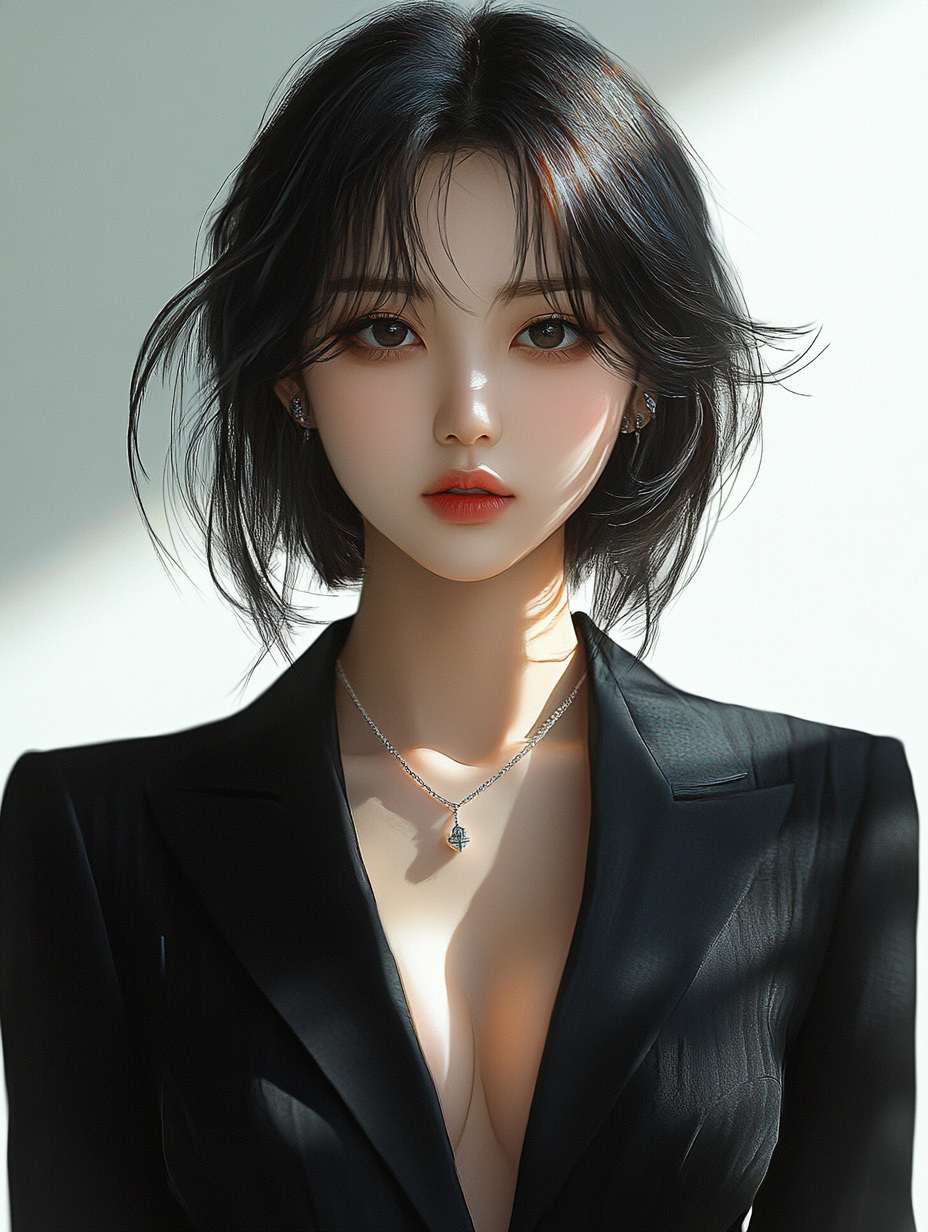 Anime image of beautiful Asian girl in suit.