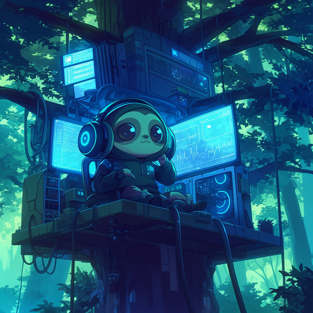 Anime inspired chibi sloth with hacker aesthetic outdoors.