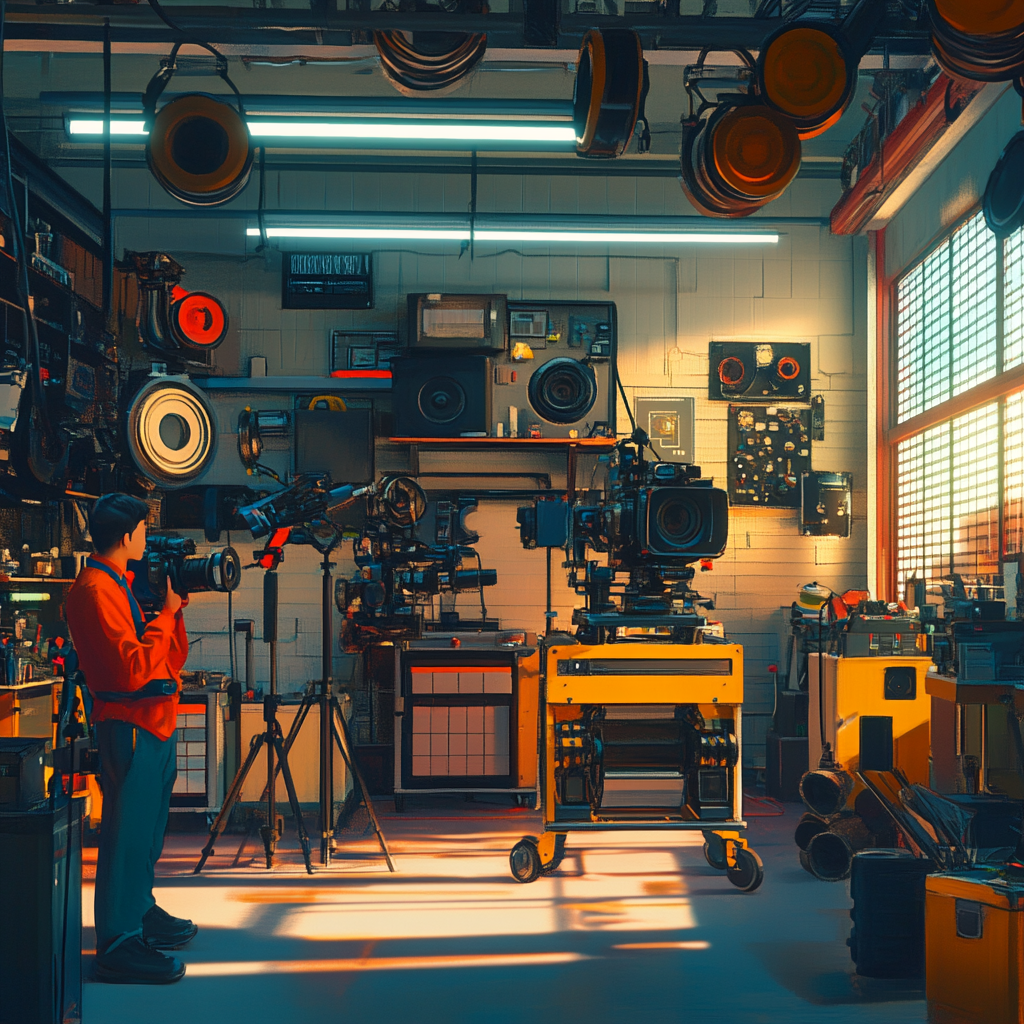 Anime mechanic shop turned cinema production garage with stylish details