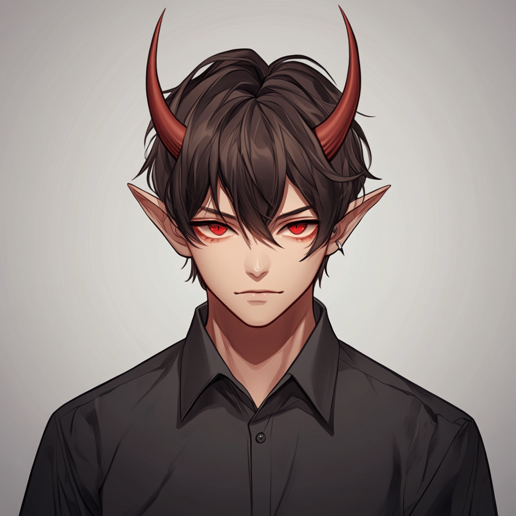 Anime portrait of confident young male employee with slant eyes, slim body, and horns.