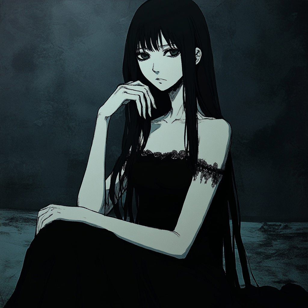 Anime portrait of girl with long black hair and eyes.