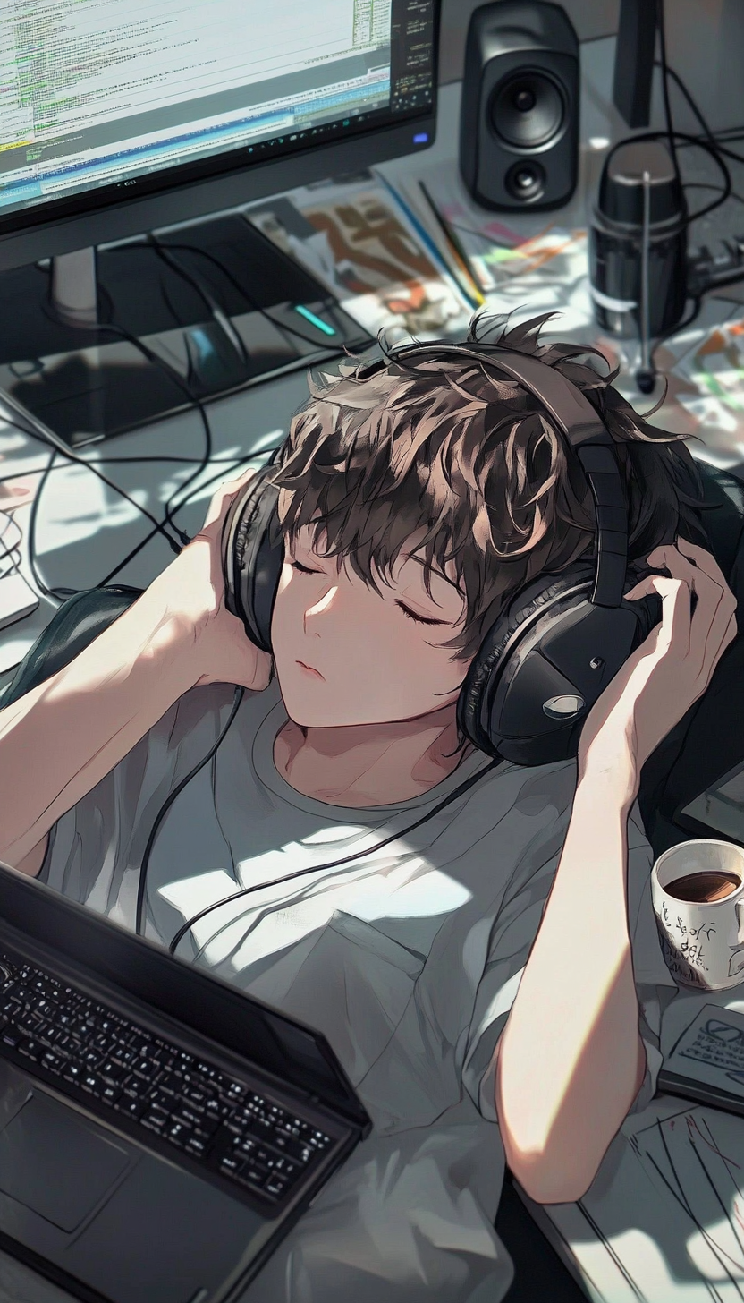 Anime style, young person sleeping at desk with headphones.