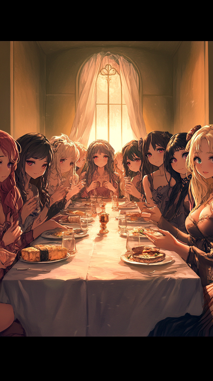 Anime-style Last Supper with cute, charming women characters.