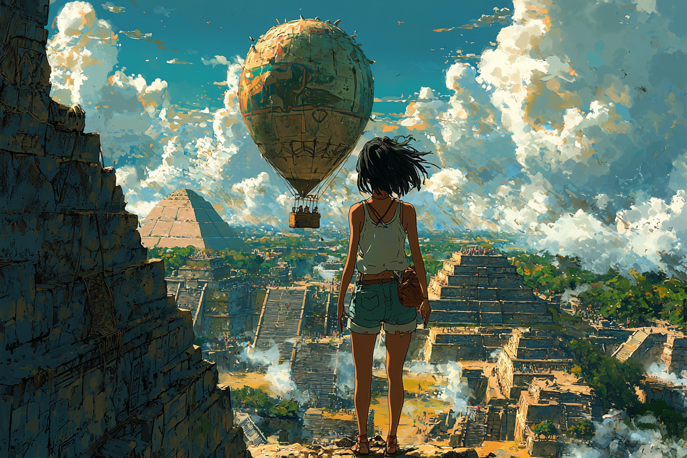 Anime style asian girl in hot air balloon.