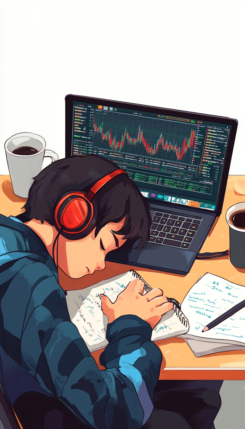 Anime style character sleeping at desk with laptop, coffee.