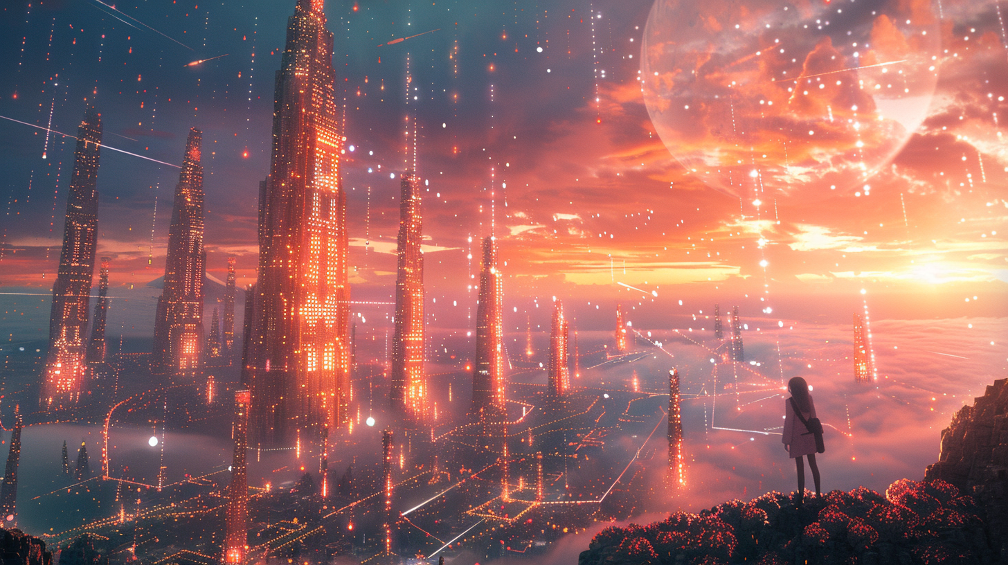 Anime-style cityscape with glowing buildings and flowing data streams.