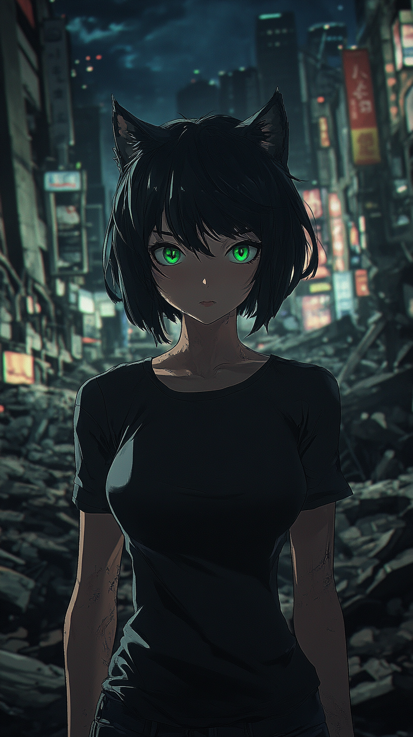 Anime style depiction of young woman with feline eyes.