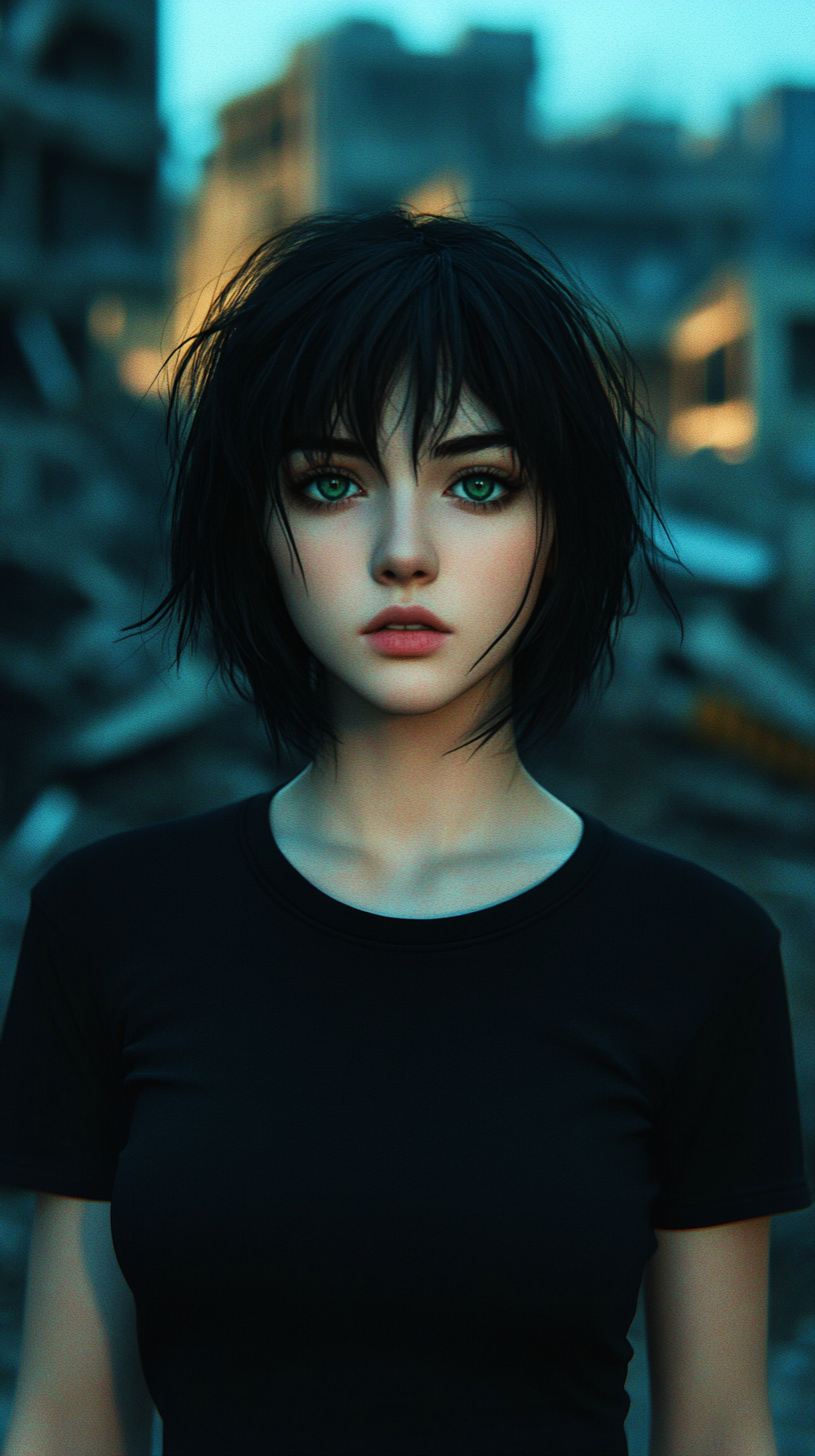 Anime style depicts beautiful young woman with feline eyes.