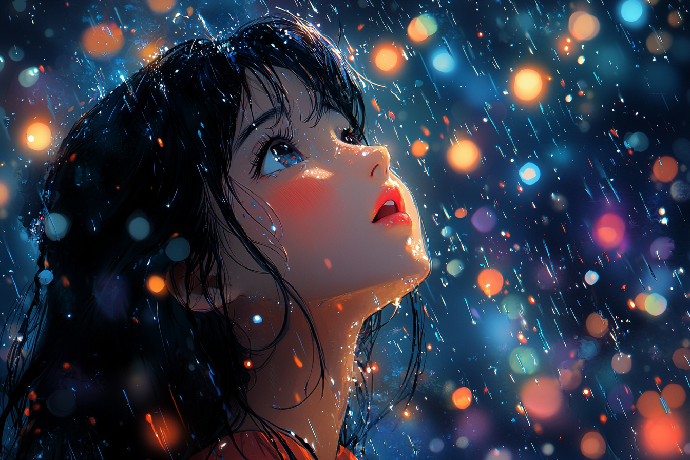 Anime-style drawing of Asian girl gazing night sky, expressive colors.