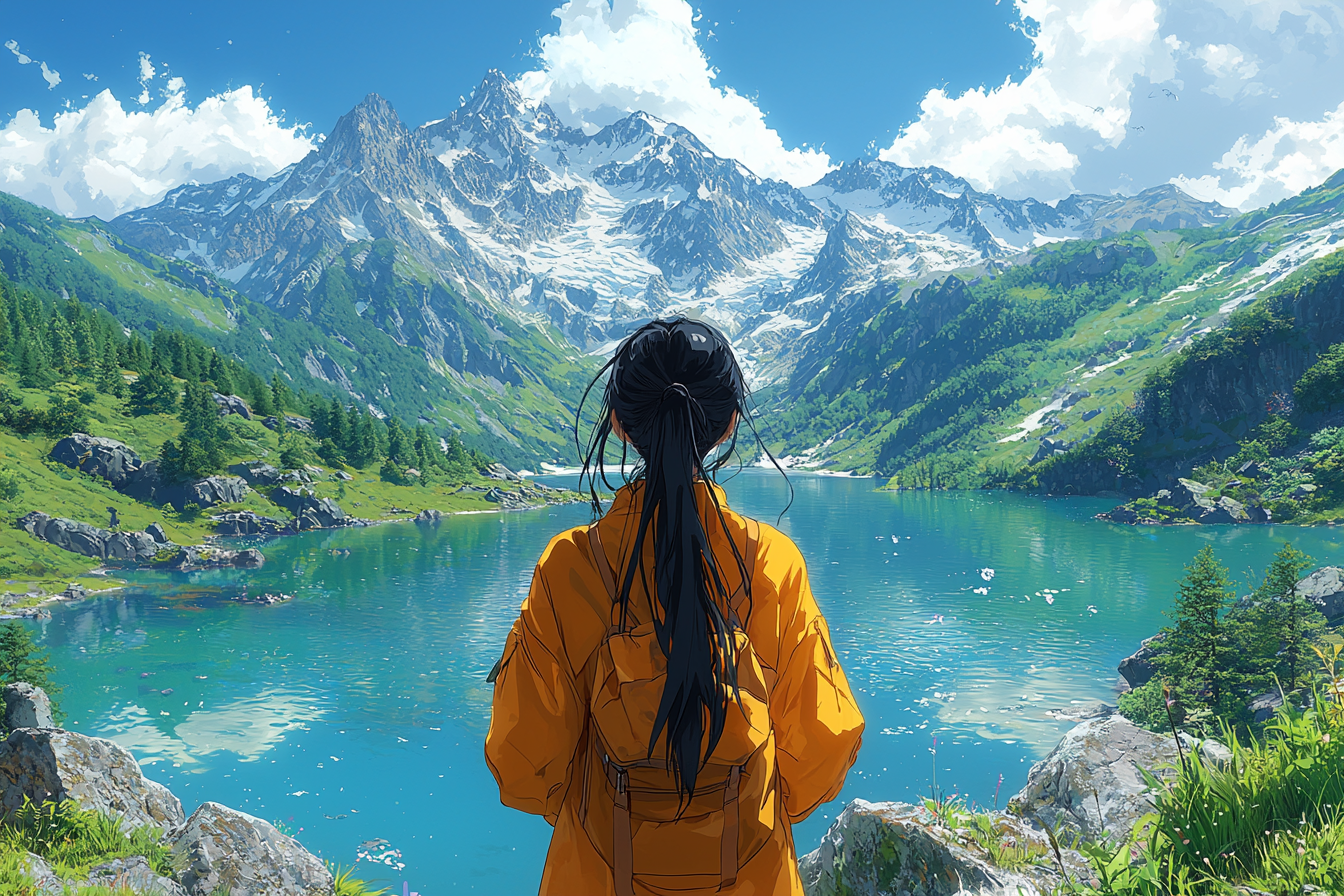 Anime-style drawing of Asian girl in vibrant setting.