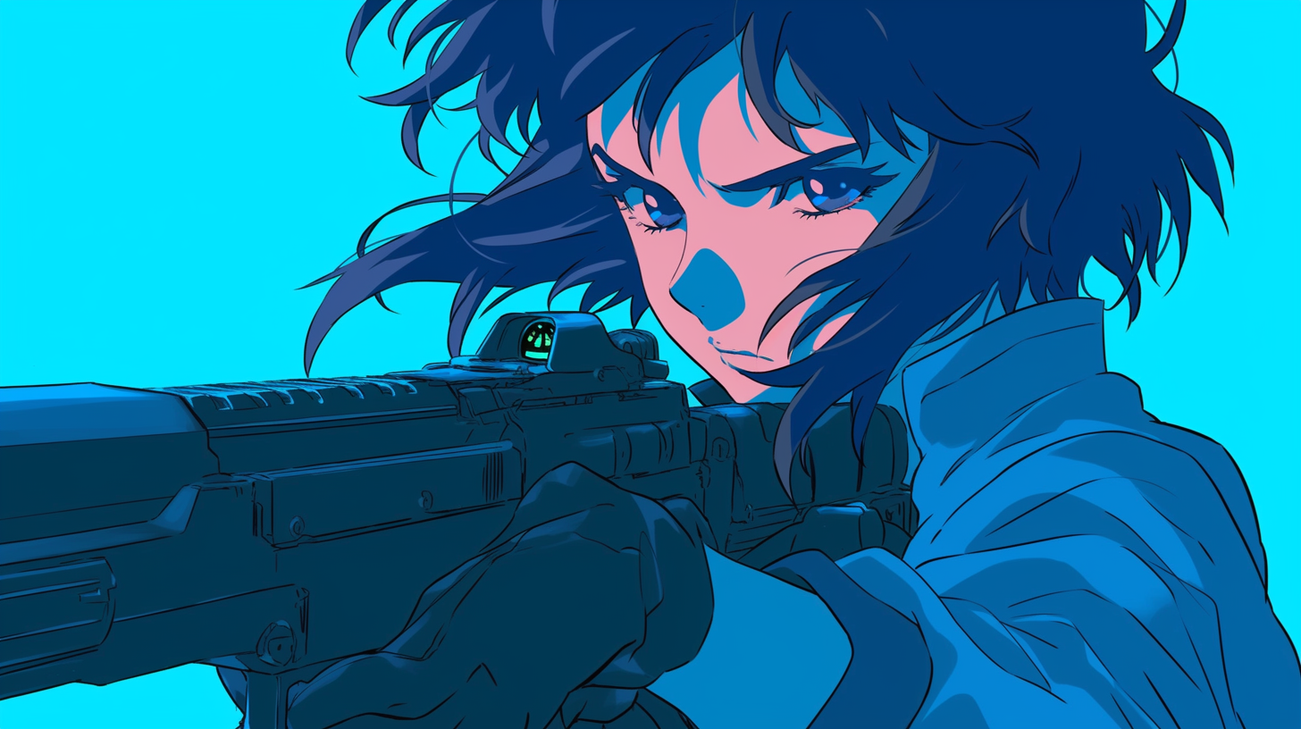 Anime style illustration of Makoto Kusanagi in cyberpunk setting.