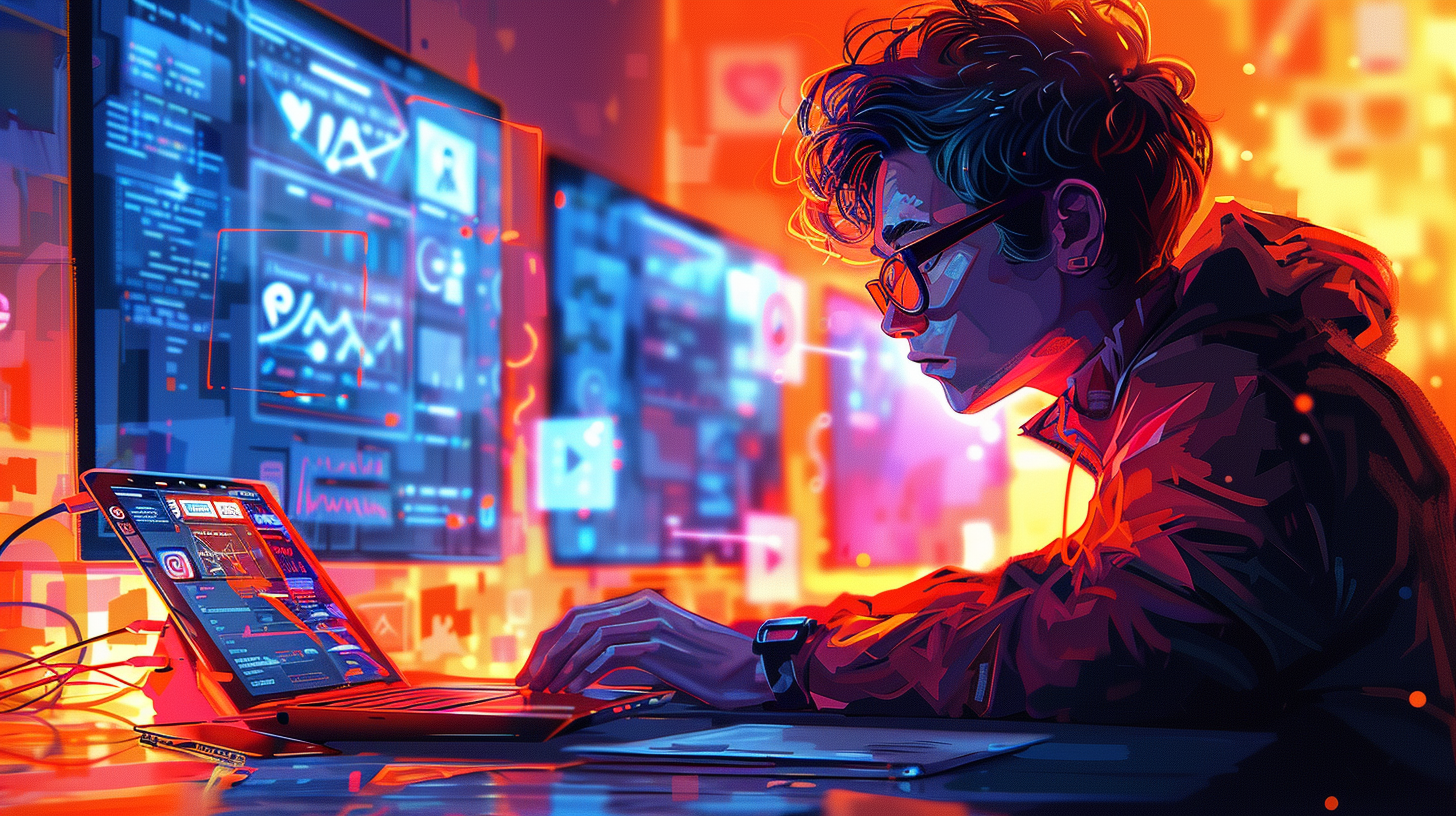 Anime-style illustration of social media influencer working on computer.