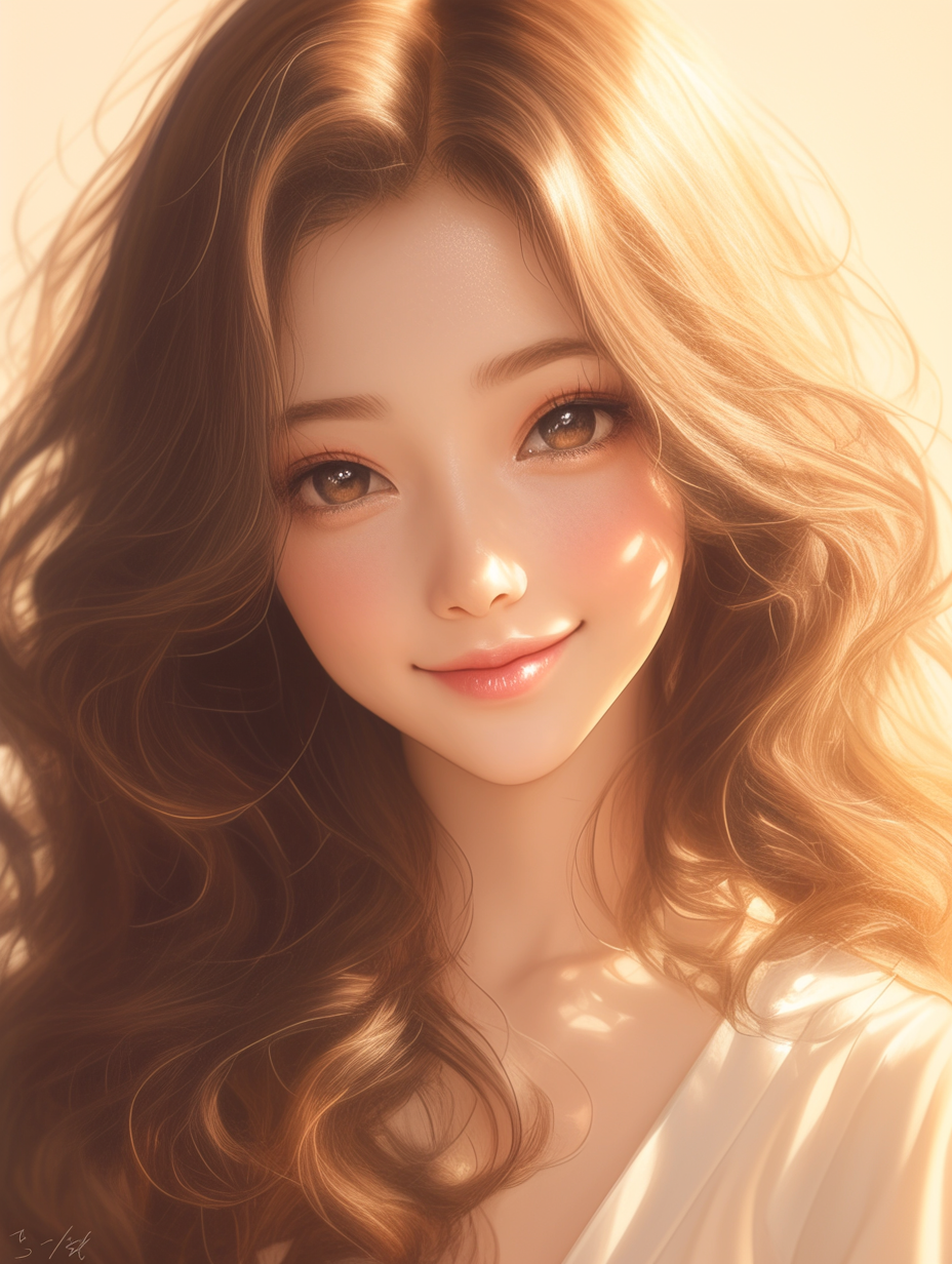 Anime-style portrait of young woman with wavy brown hair.