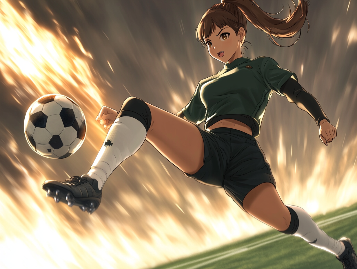 Anime style woman kicking a soccer ball towards goal.