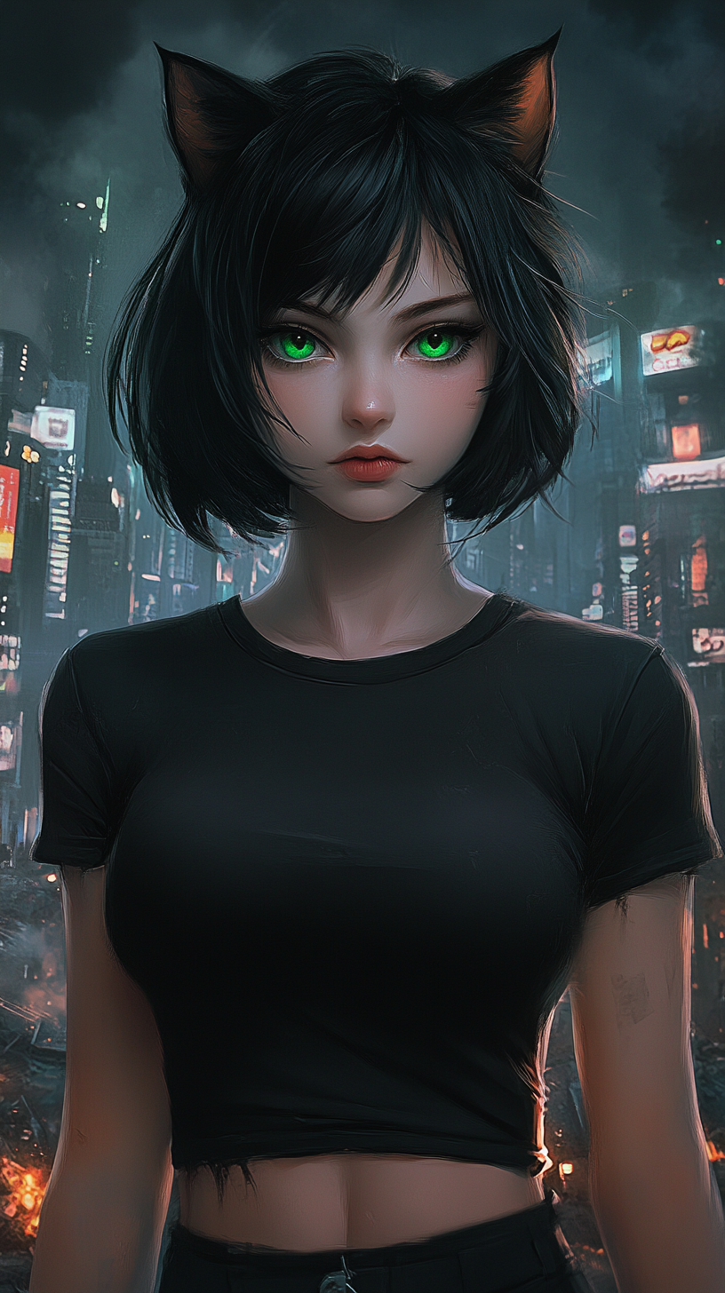 Anime style young woman with feline eyes. Night backdrop.