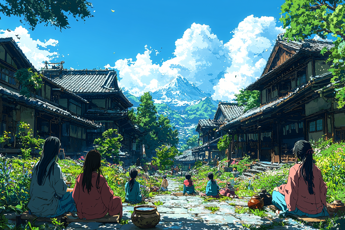 Anime teahouse scene with vibrant colors, fantastical landscapes.