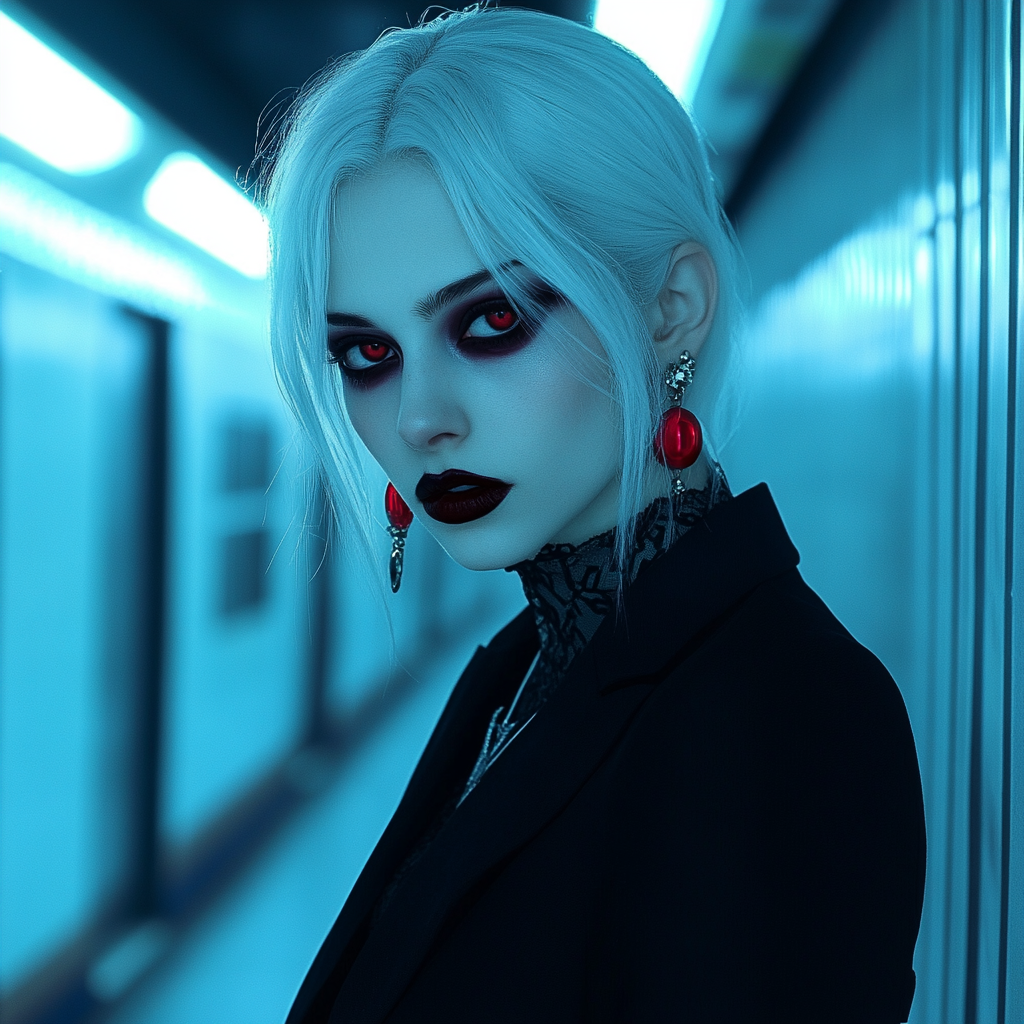 Anime vampire woman with gothic makeup on subway platform.