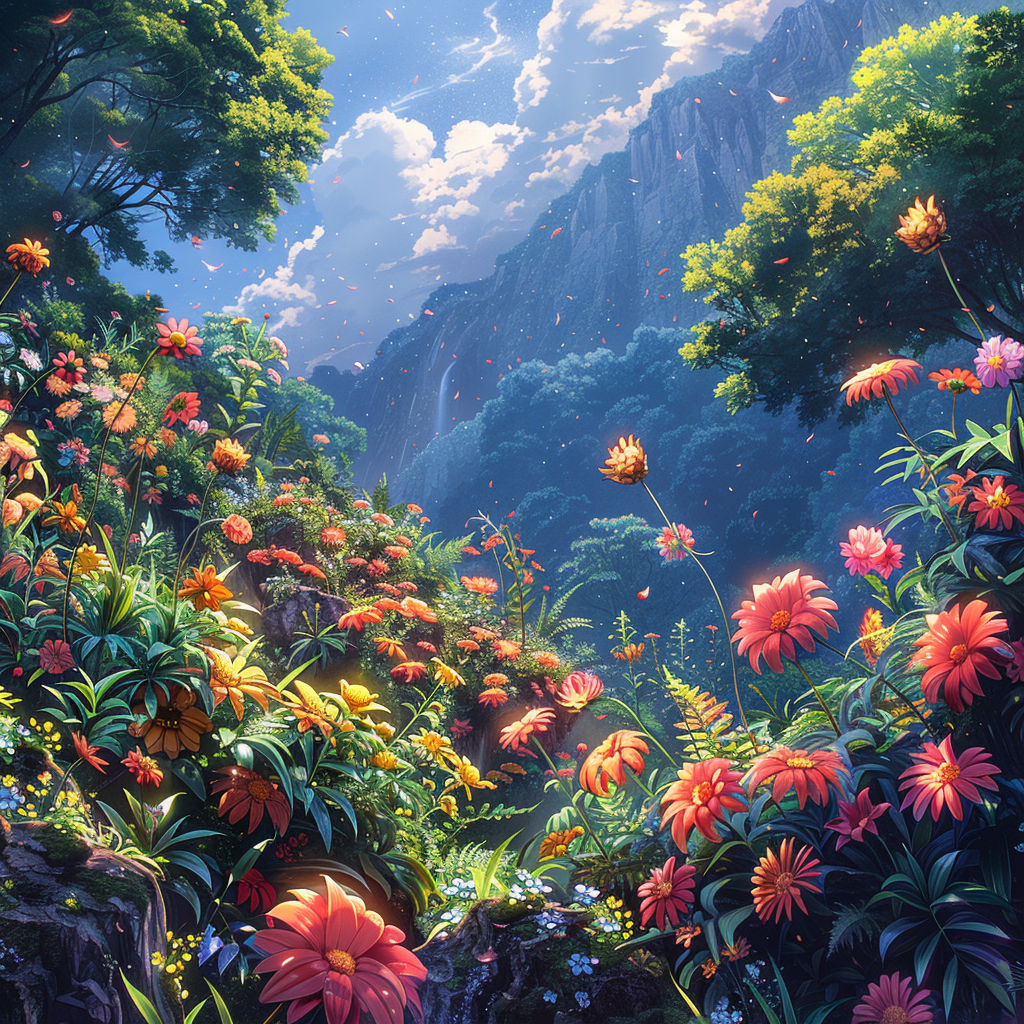 Anime wallpaper: Eye-catching jungle with colorful plants and animals.