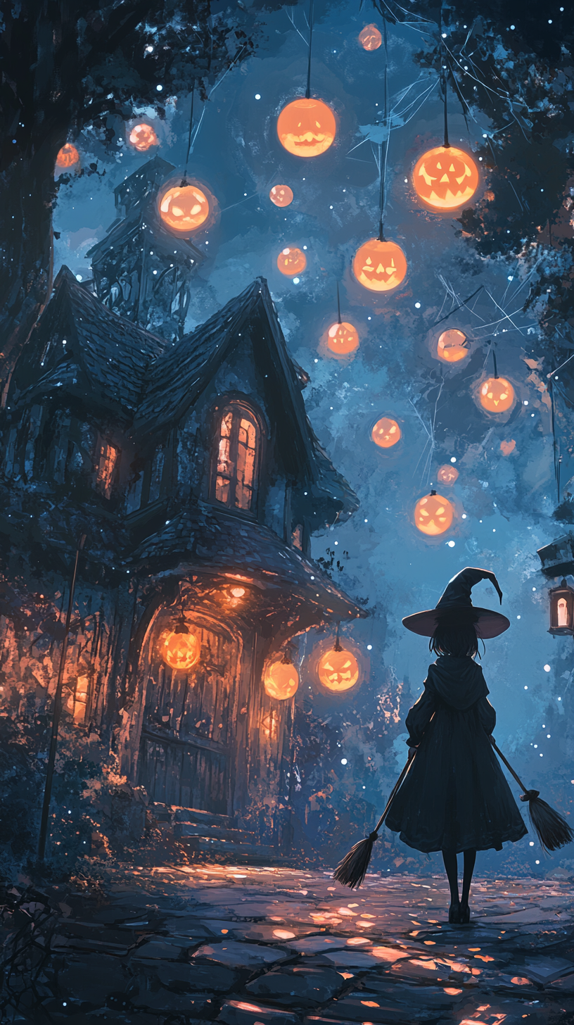 Anime witch at cobweb cottage with glowing orbs.