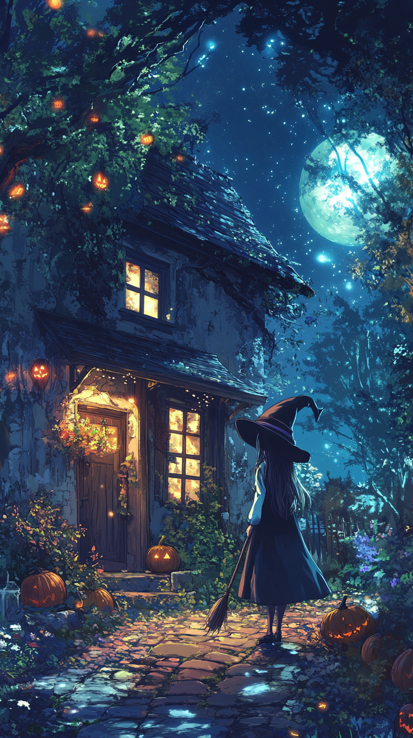 Anime witch in hat and cloak outside cottage.