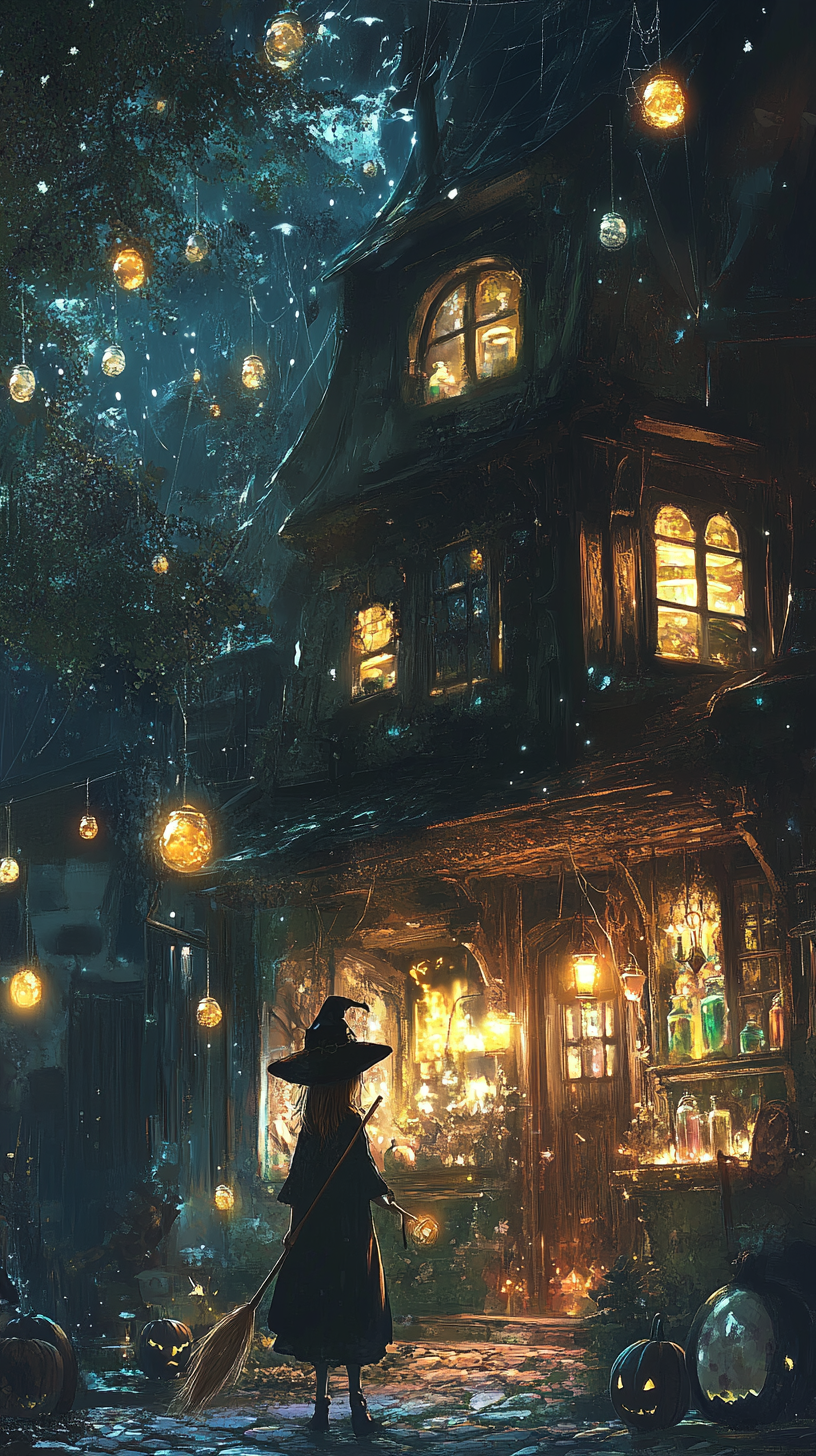 Anime witch with glowing orbs outside cottage on Halloween.