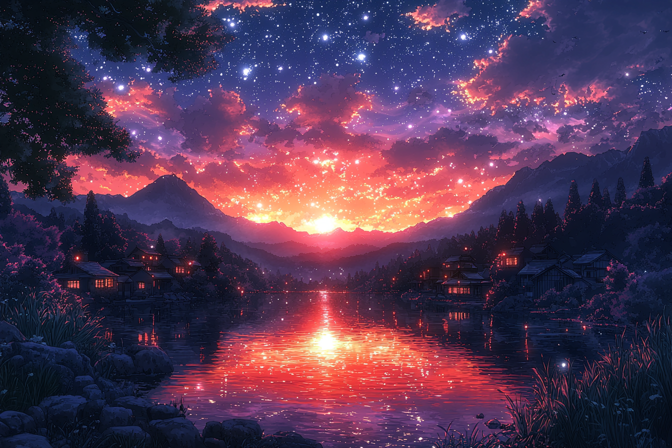 Anime with vibrant colors in beautiful starry night scene.