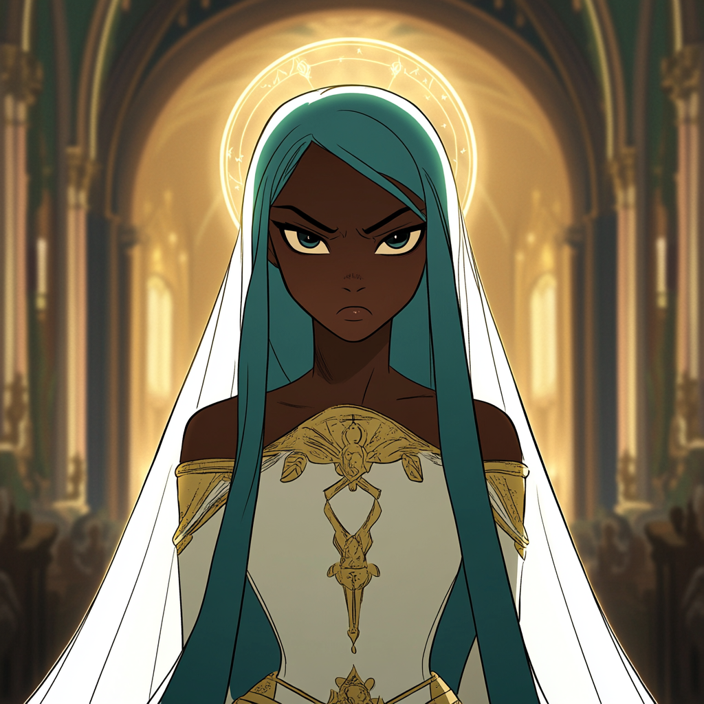 Annoyed black princess in glamorous cathedral