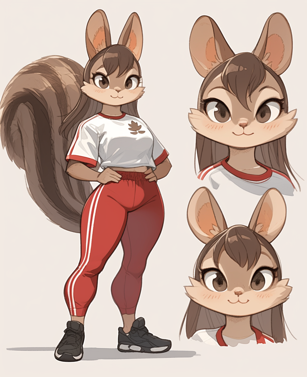 Anthro female squirrel in red tights and white shirt.