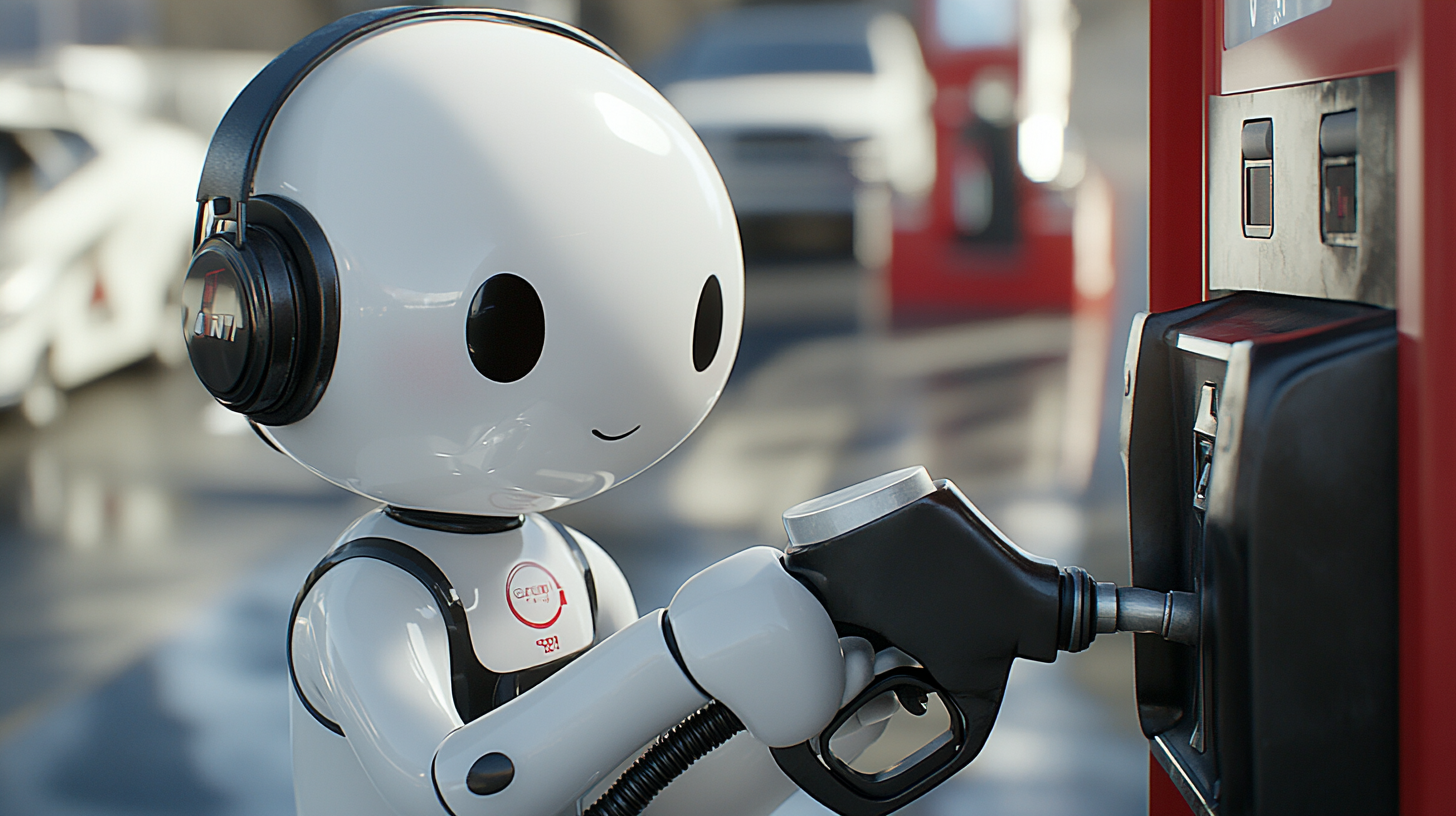 Anthromorphic marshmallow worker fuels car at gas station.