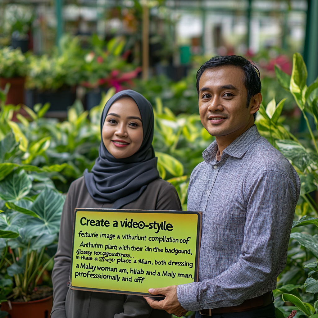 Anthurium plants with Malay woman and man holding Job Vacancy sign.