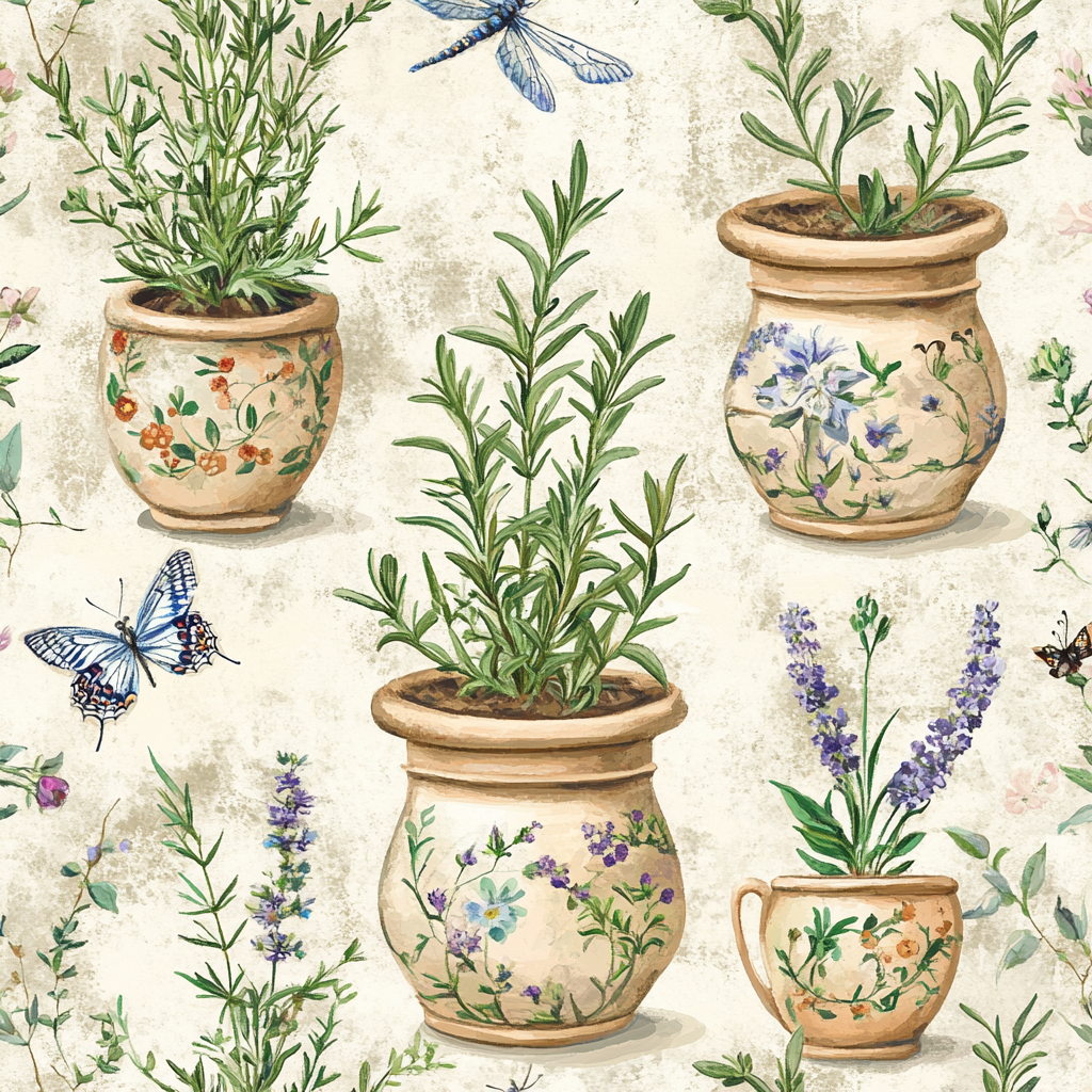 Antique Pots with Spiraling Herb Garden and Insects