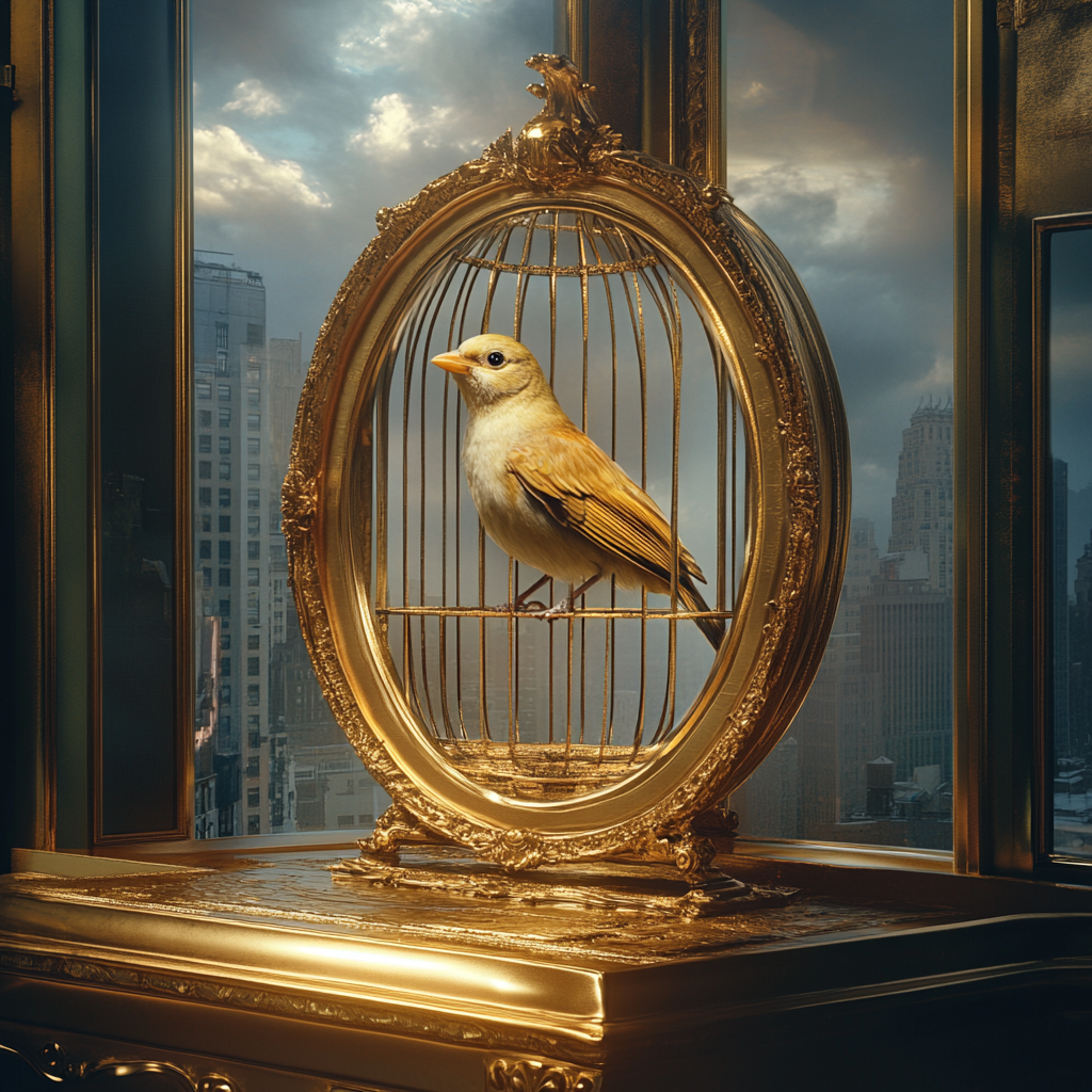 Antique birdcage with lifelike painting of bird about escape.