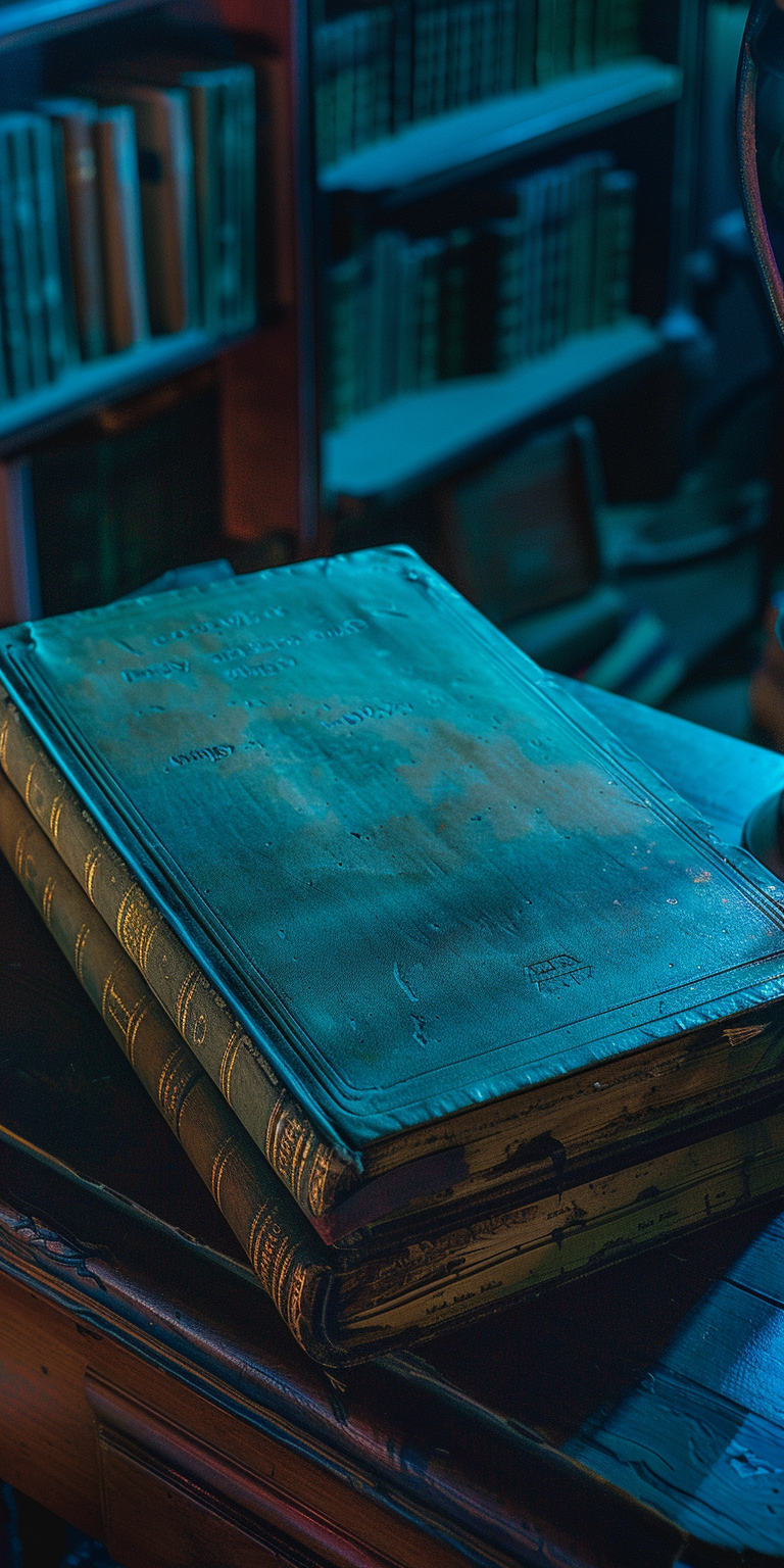 Antique book on desk in dark room library.