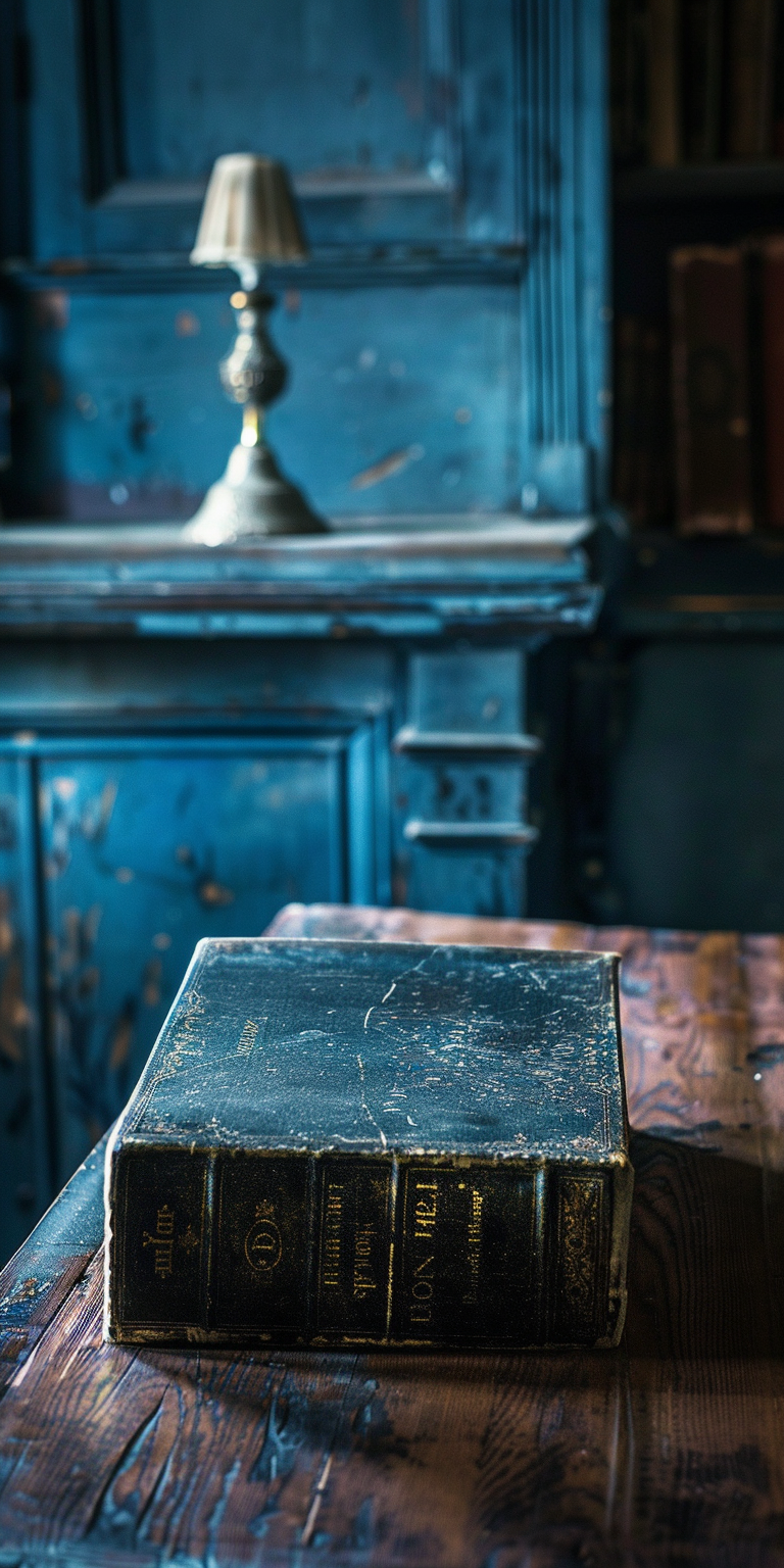 Antique book on wide table in dark library.