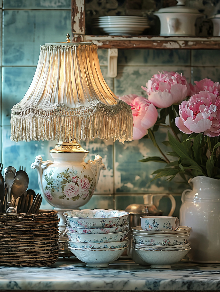 Antique lamp lights cozy kitchen with pastel dishes.