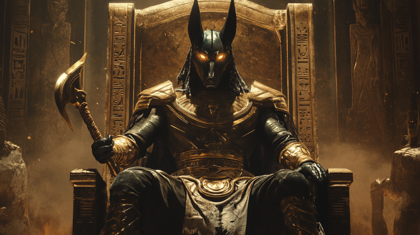 Anubis mobster with golden eyes on deathly throne