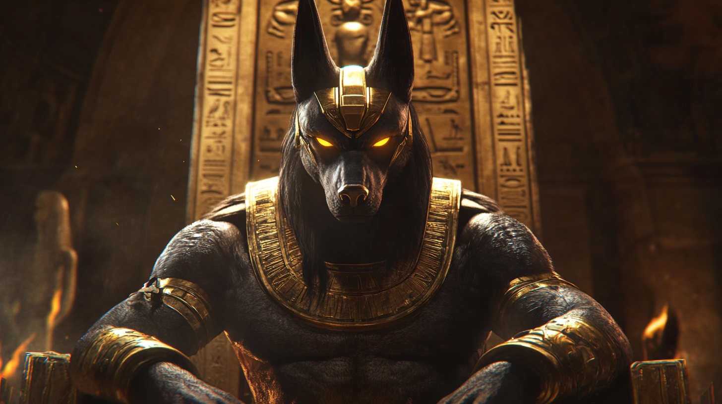 Anubis on throne, detailed face, glowing eyes, tattered armor.