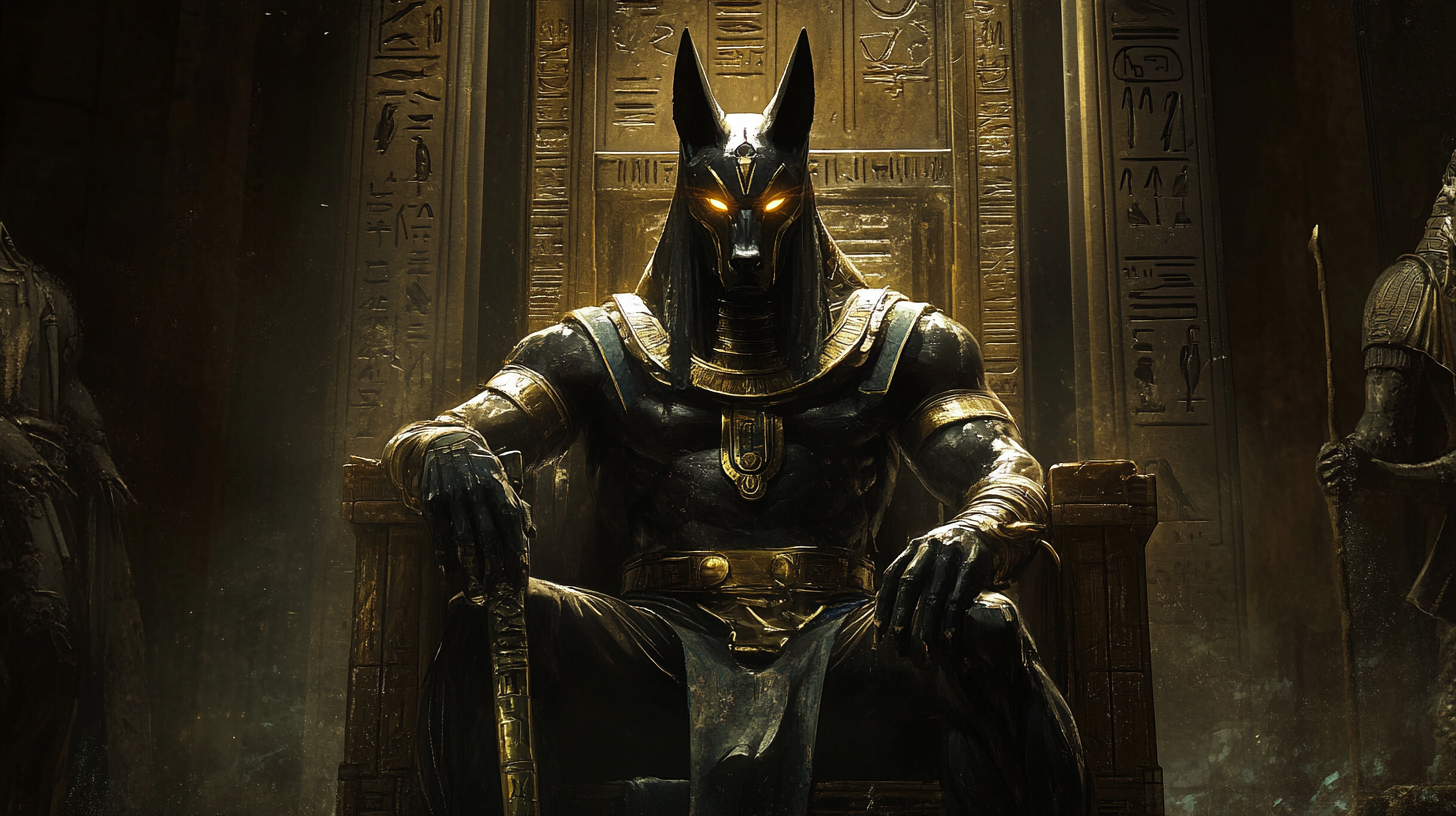 Anubis with sickle on golden throne in dark setting.