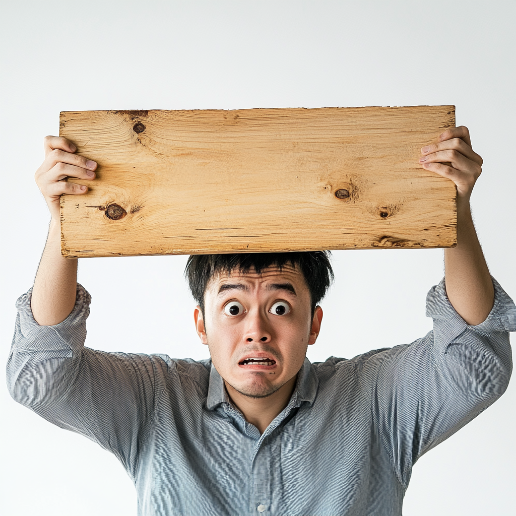 Anxious 30-Year-Old Asian Man Holding Wood Board