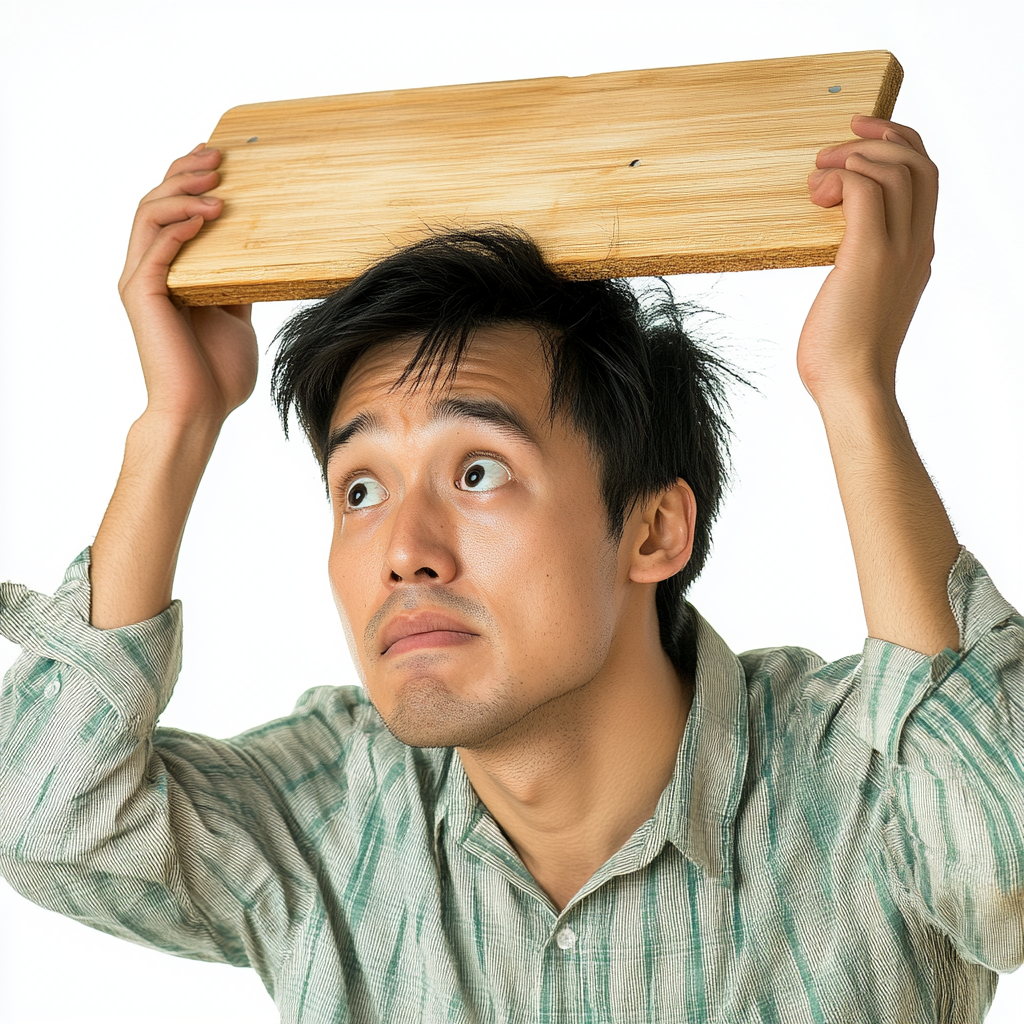 Anxious Asian Man with Falling Object on Wood Board