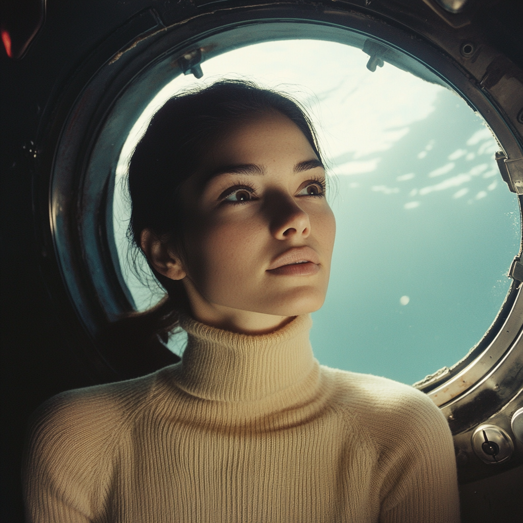 Anxious Chilean woman in cream turtleneck exits submarine.