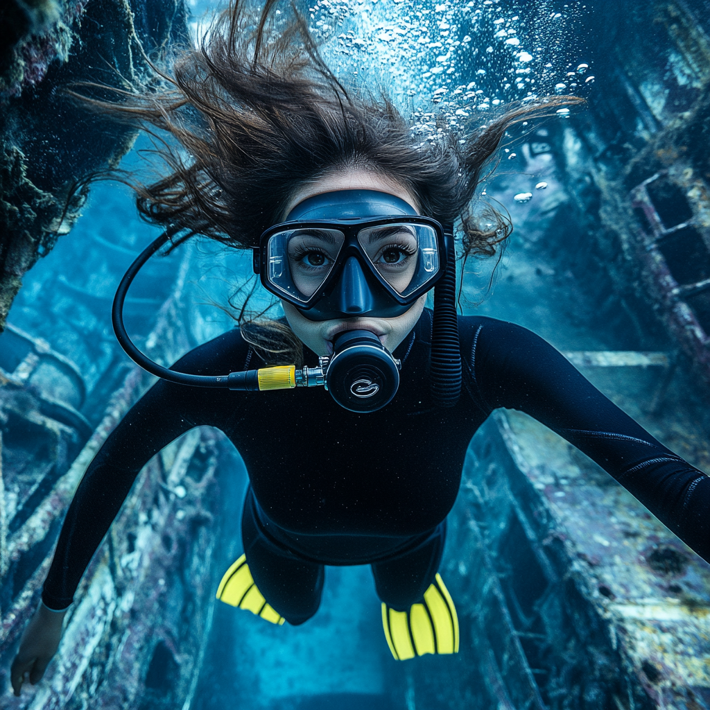 Anxious French beauty in black, blue, and yellow diving.