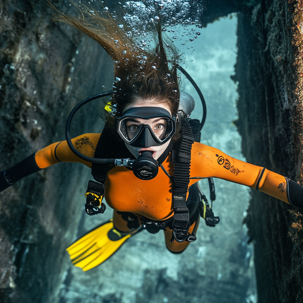 Anxious French diver exploring shipwreck in orange drysuit.