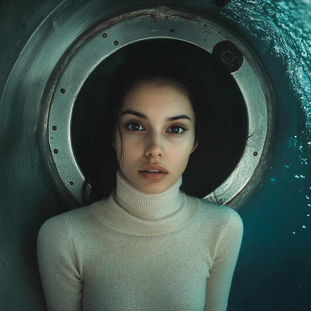 Anxious young Chilean woman swimming from submarine escape hatch.