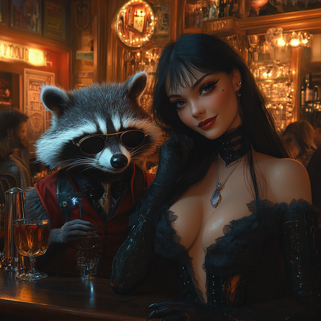 Anya Taylor Joy in cabaret outfit talks with raccoon.