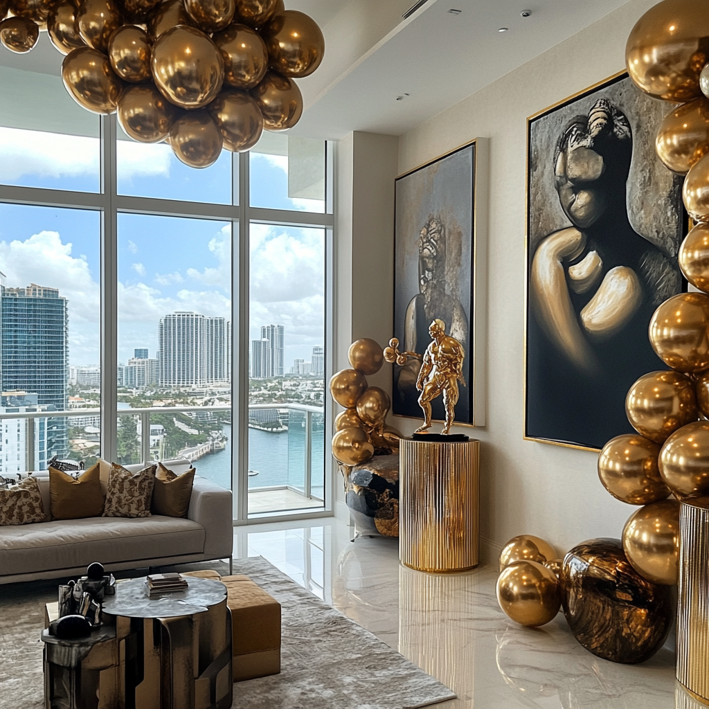 Apartment decorated with balloons, gold accents, antique furniture.