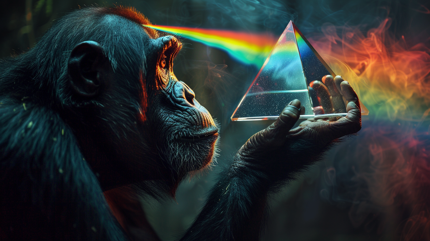 Ape holding colorful light prism shape.