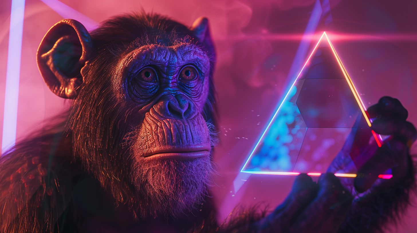 Ape holding prism emitting colorful light.