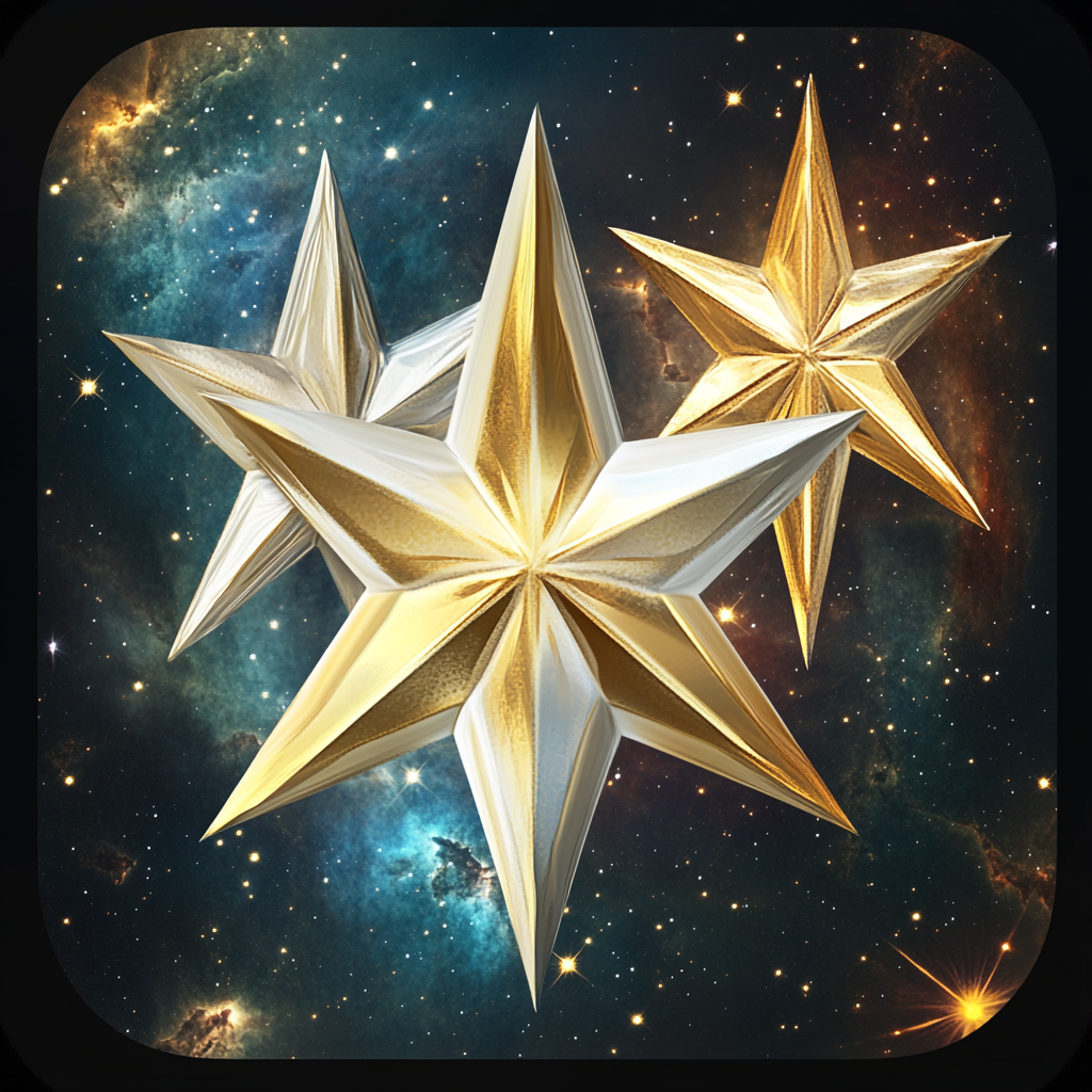 App icon: three radiant stars in gold and white.